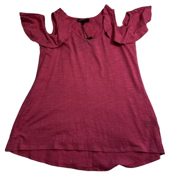DG2 by Diane Gilman Pinkish Burgundy Cold Shoulder Top Shirt Size XS Ruffles NWT - Picture 3 of 9